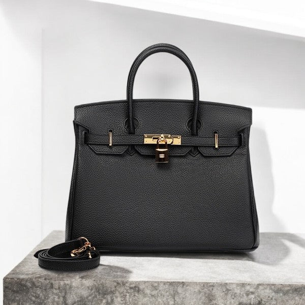 Aurora – Black Structured Leather Satchel with Gold Hardware