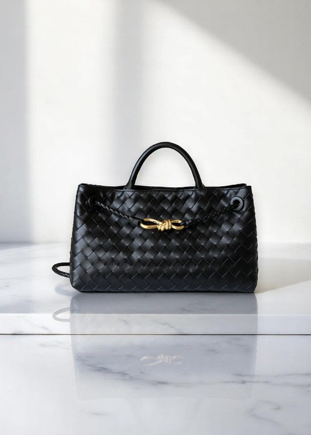 Élise Black Woven Tote with Gold Rope Closure