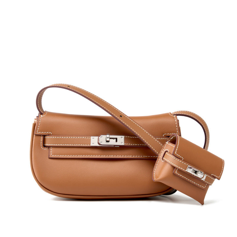 Taupe Soft Leather Shoulder Bag with Mini Pouch
