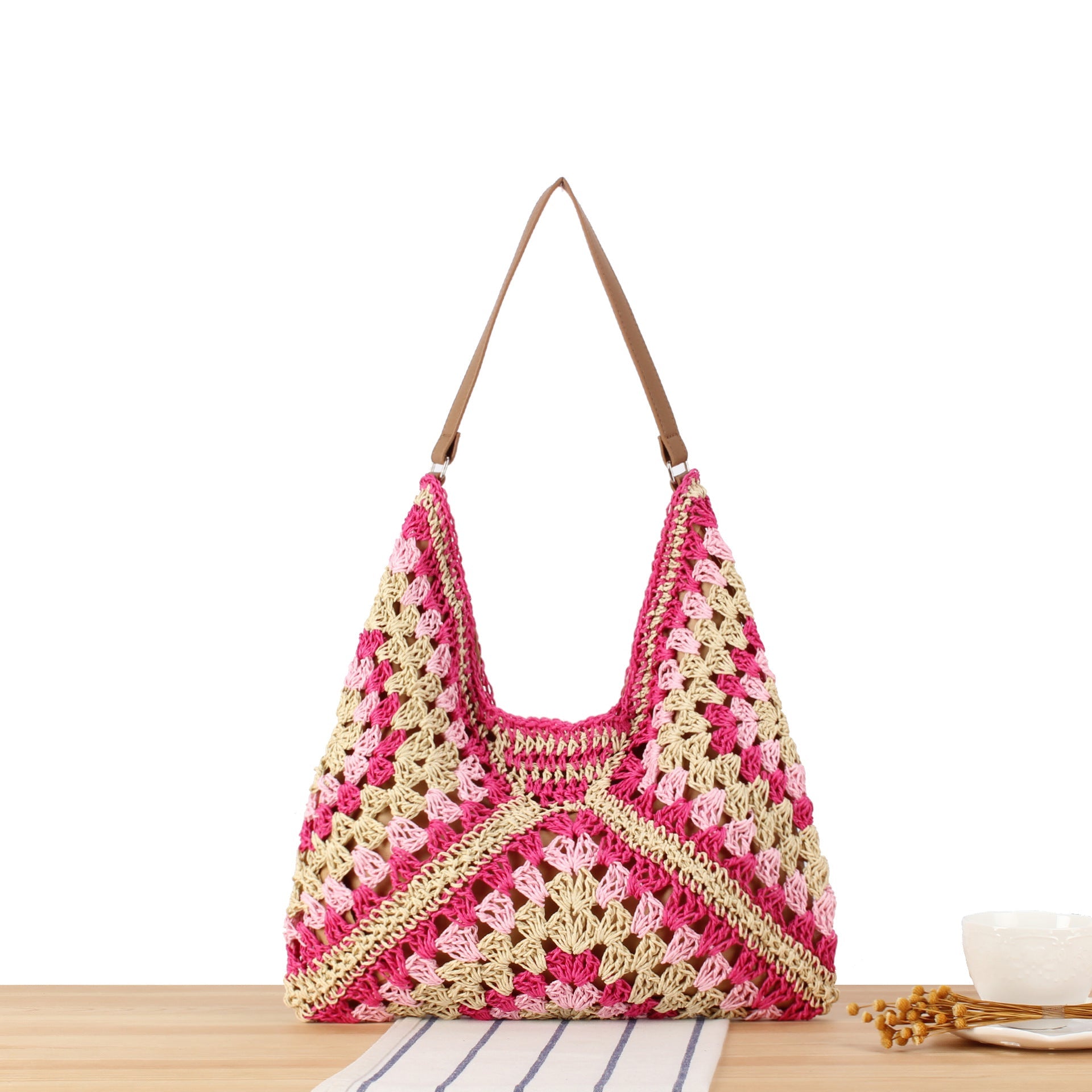Noir Crochet Straw Shoulder Bag