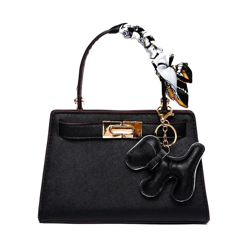 Black Elegant Top Handle Bag with Scarf & Charm