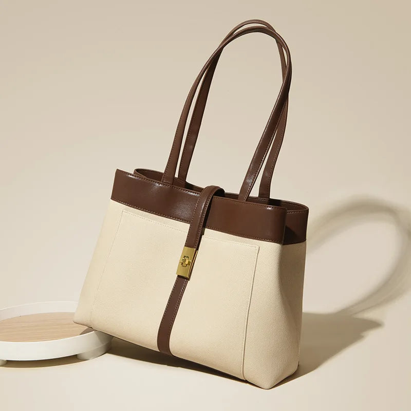 Two-Tone Canvas & Leather Tote Bag