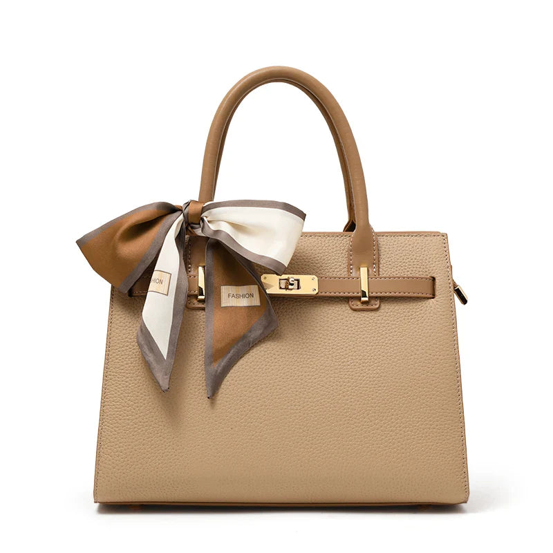 Lyora Solé Signature – Beige Tote with Silk Scarf Accent
