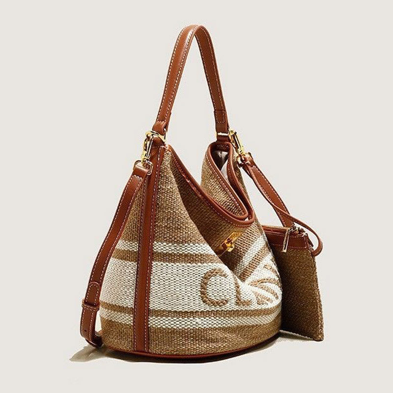 Vintage Woven Wool & Leather Bucket Bag