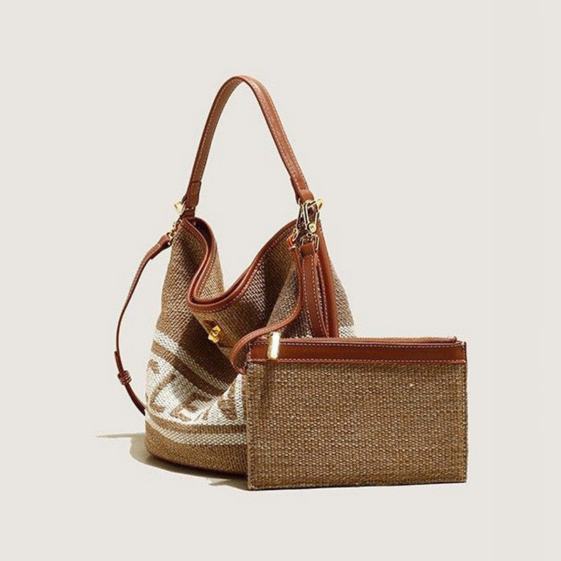 Vintage Woven Wool & Leather Bucket Bag