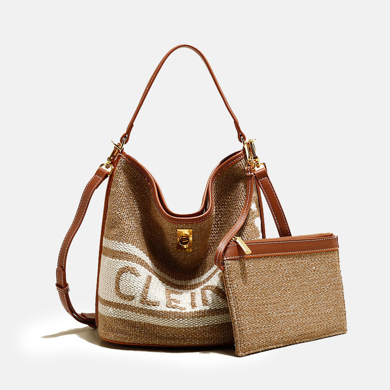 Vintage Woven Wool & Leather Bucket Bag