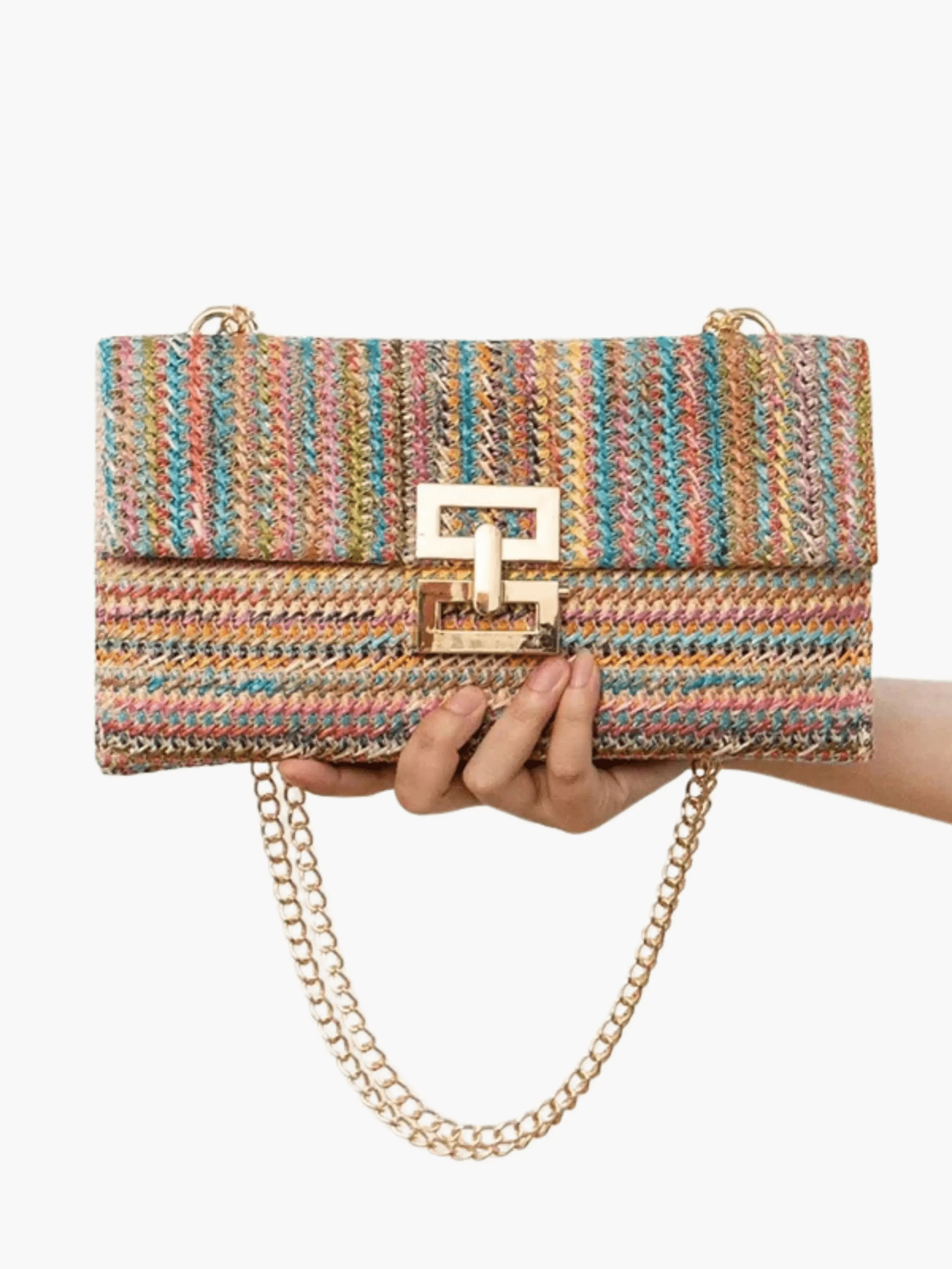 Elegant Woven Shoulder Bag – Beige with Gold Chain Strap