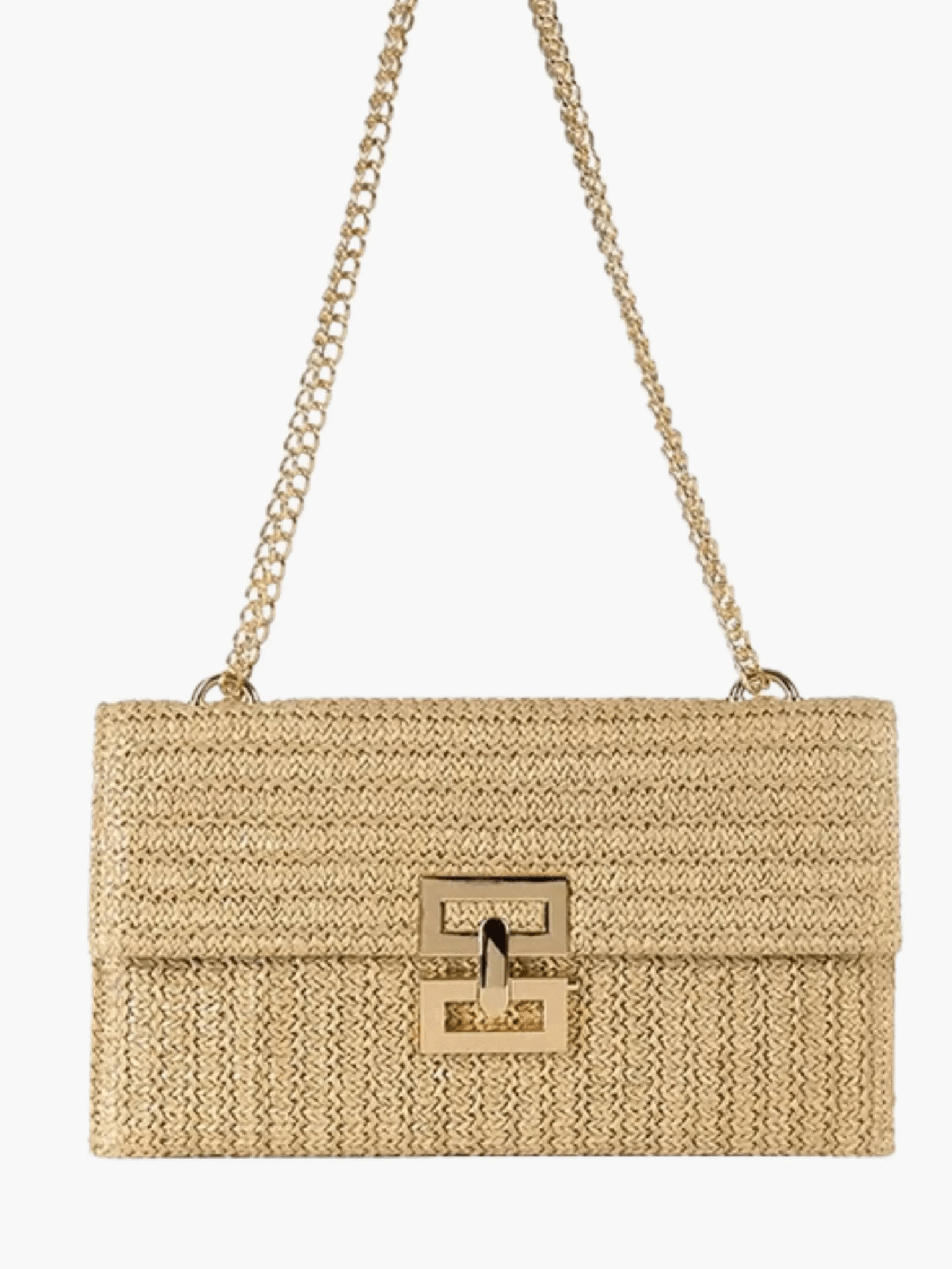 Elegant Woven Shoulder Bag – Beige with Gold Chain Strap