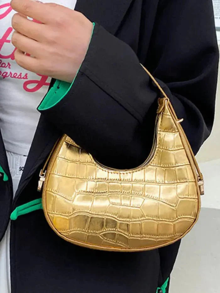 Aurè Metallic Croc-Embossed Shoulder Bag – Gold Luxe