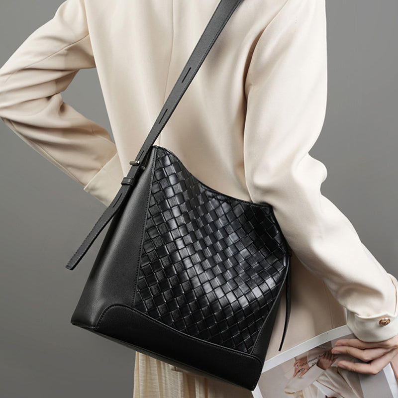 Elara – Black Woven Leather Tote Bag