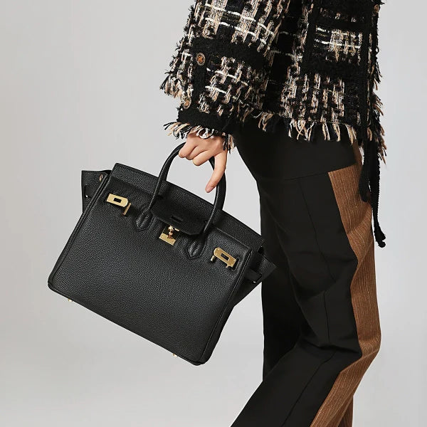 Aurora – Black Structured Leather Satchel with Gold Hardware