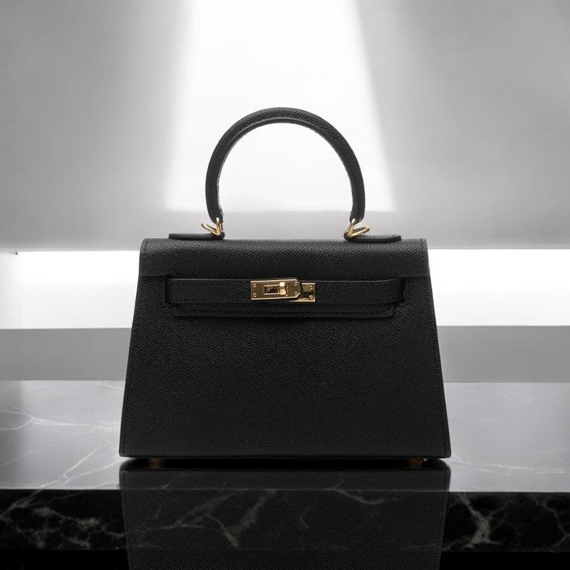 Aurora – Black Mini Top-Handle Leather Bag with Gold Hardware