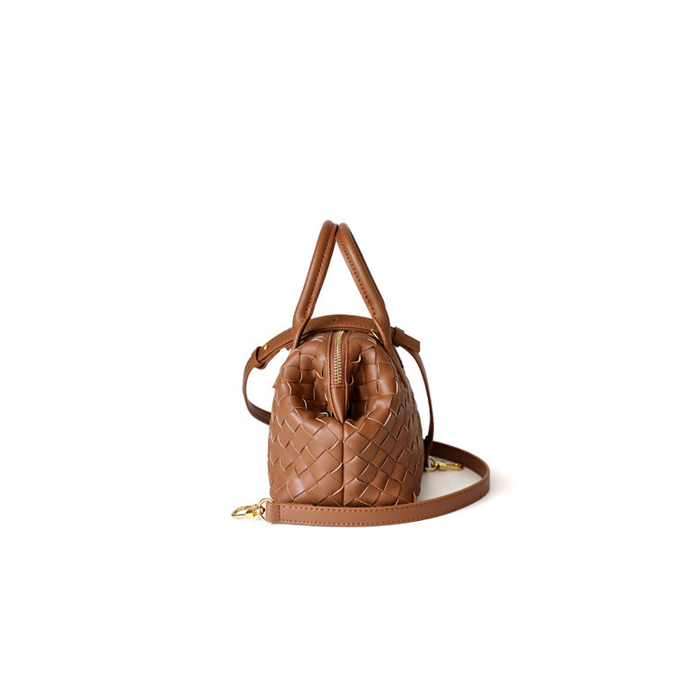 Brown Woven Leather Boston Handbag