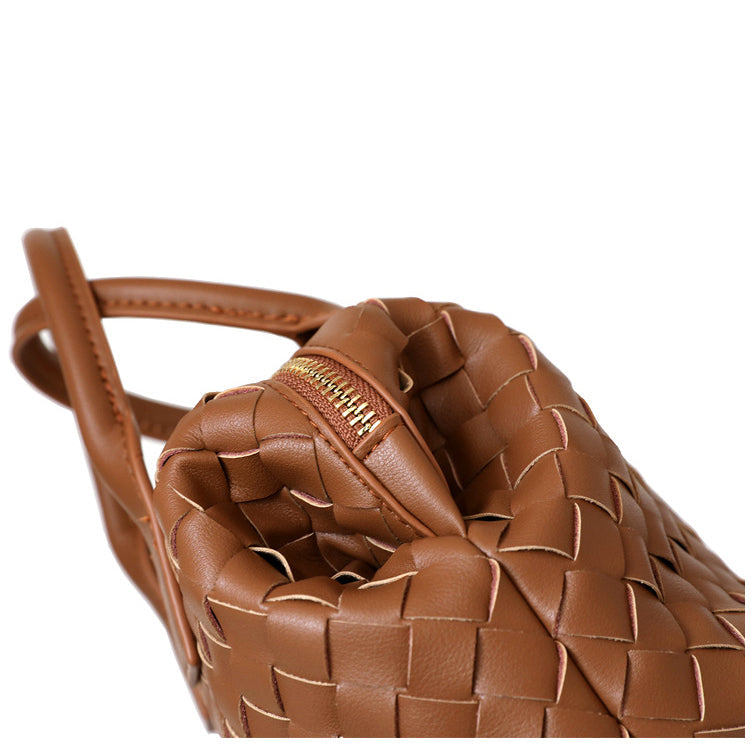 Brown Woven Leather Boston Handbag