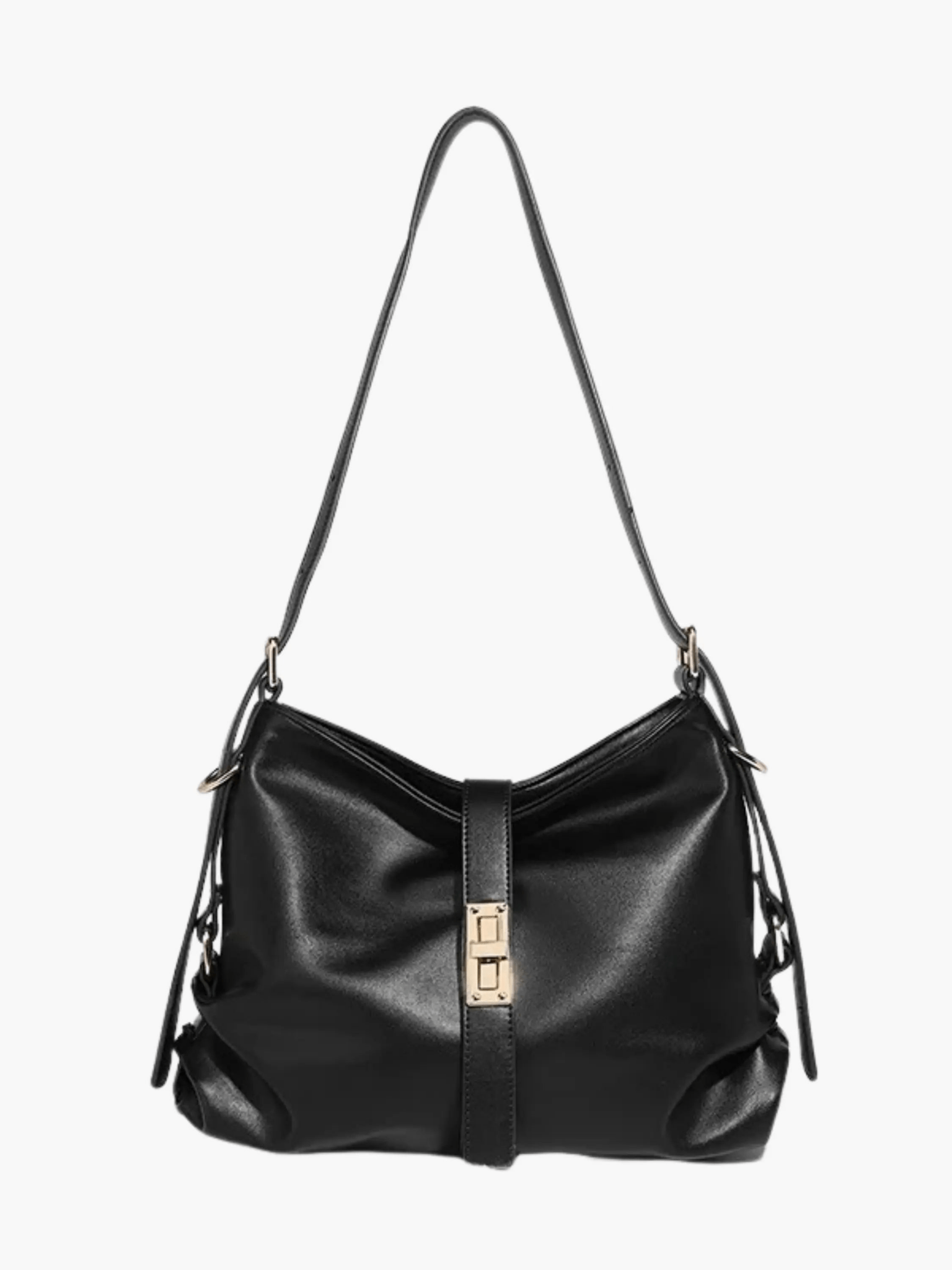 Black Leather Shoulder Bag with Gold Buckle Accent