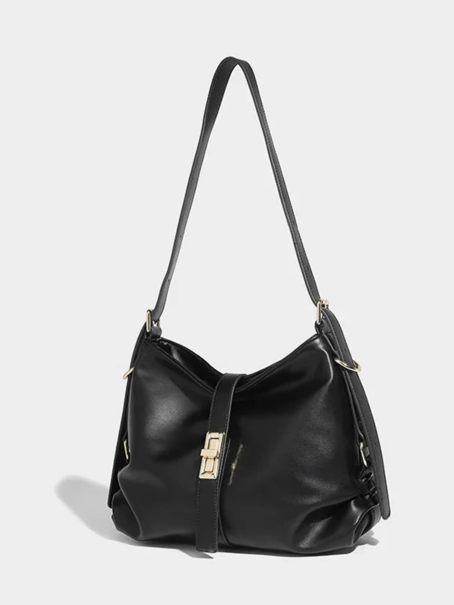 Black Leather Shoulder Bag with Gold Buckle Accent