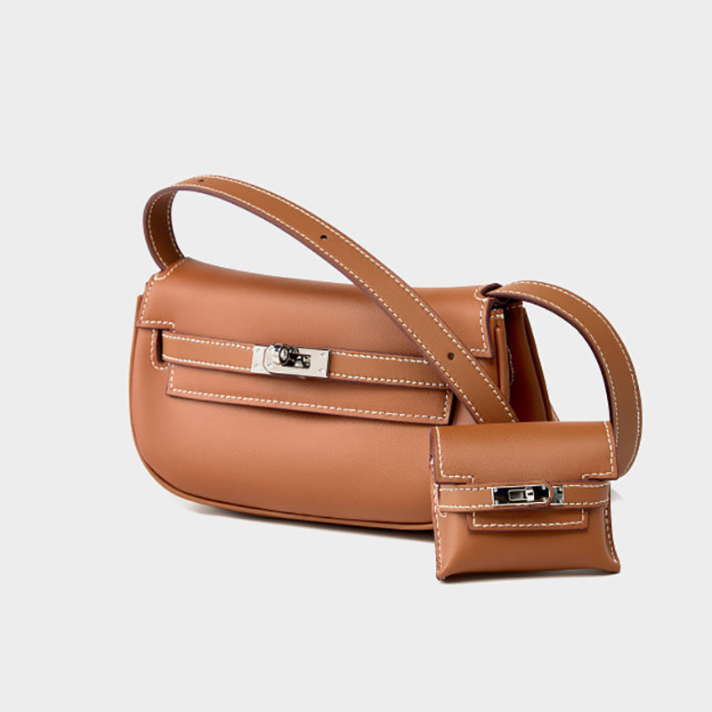 Camel Leather Shoulder Bag with Mini Pouch