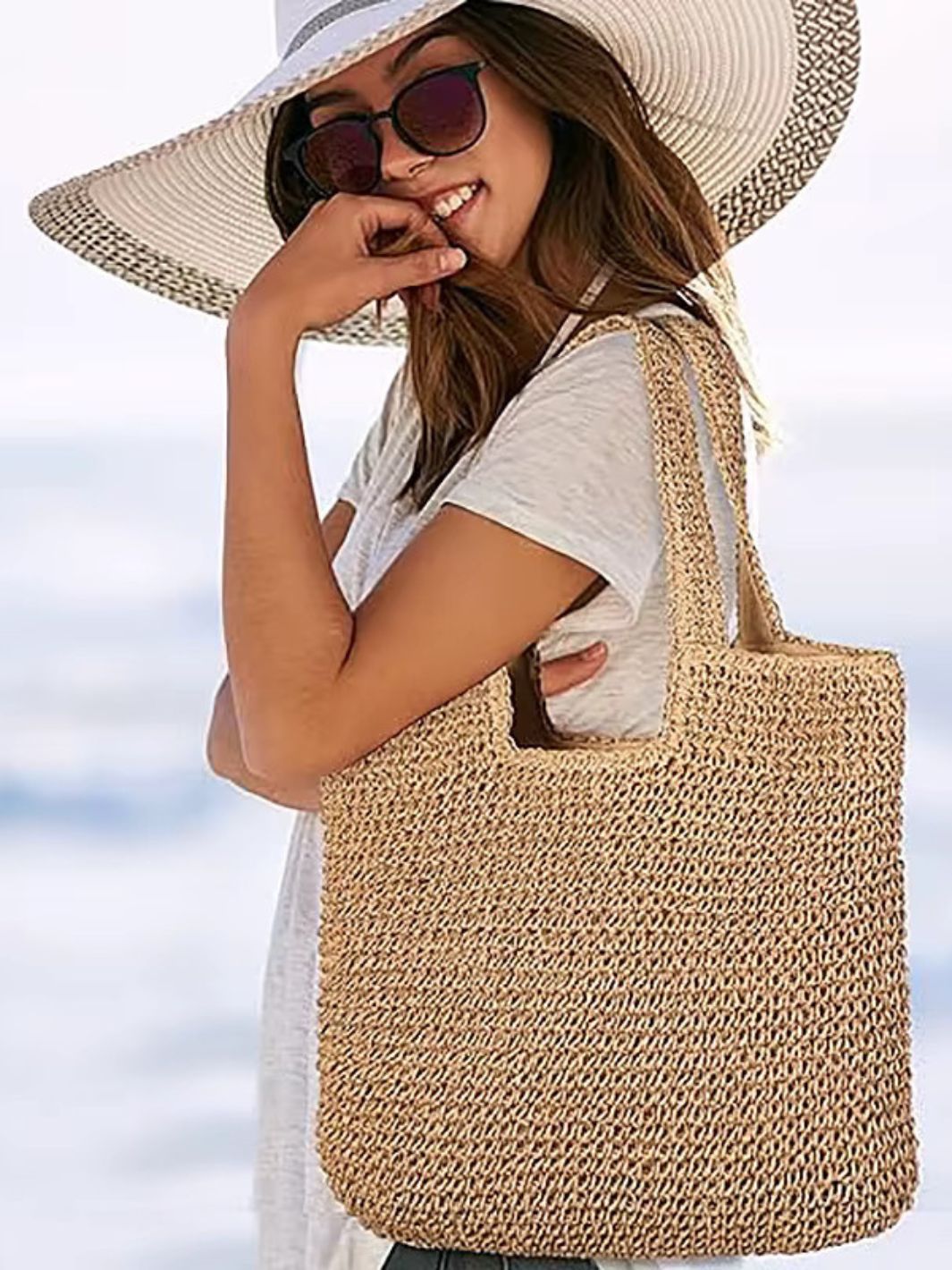 Camel Woven Straw Tote Bag