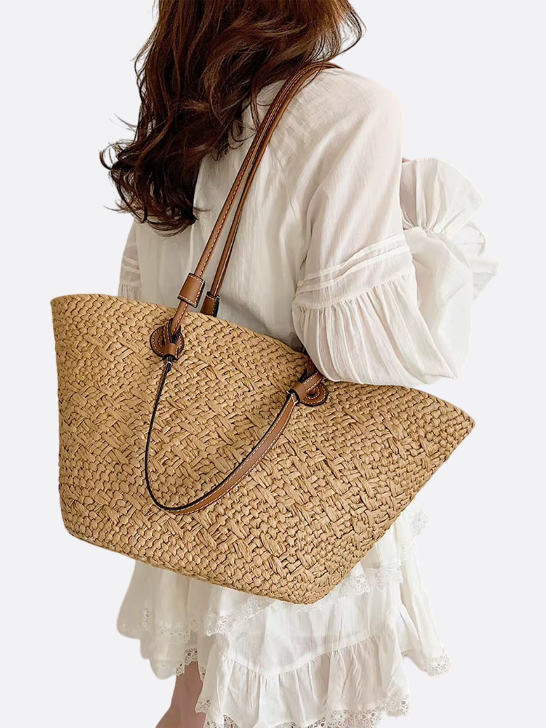 Woven Straw Tote Bag with Brown Leather Handles