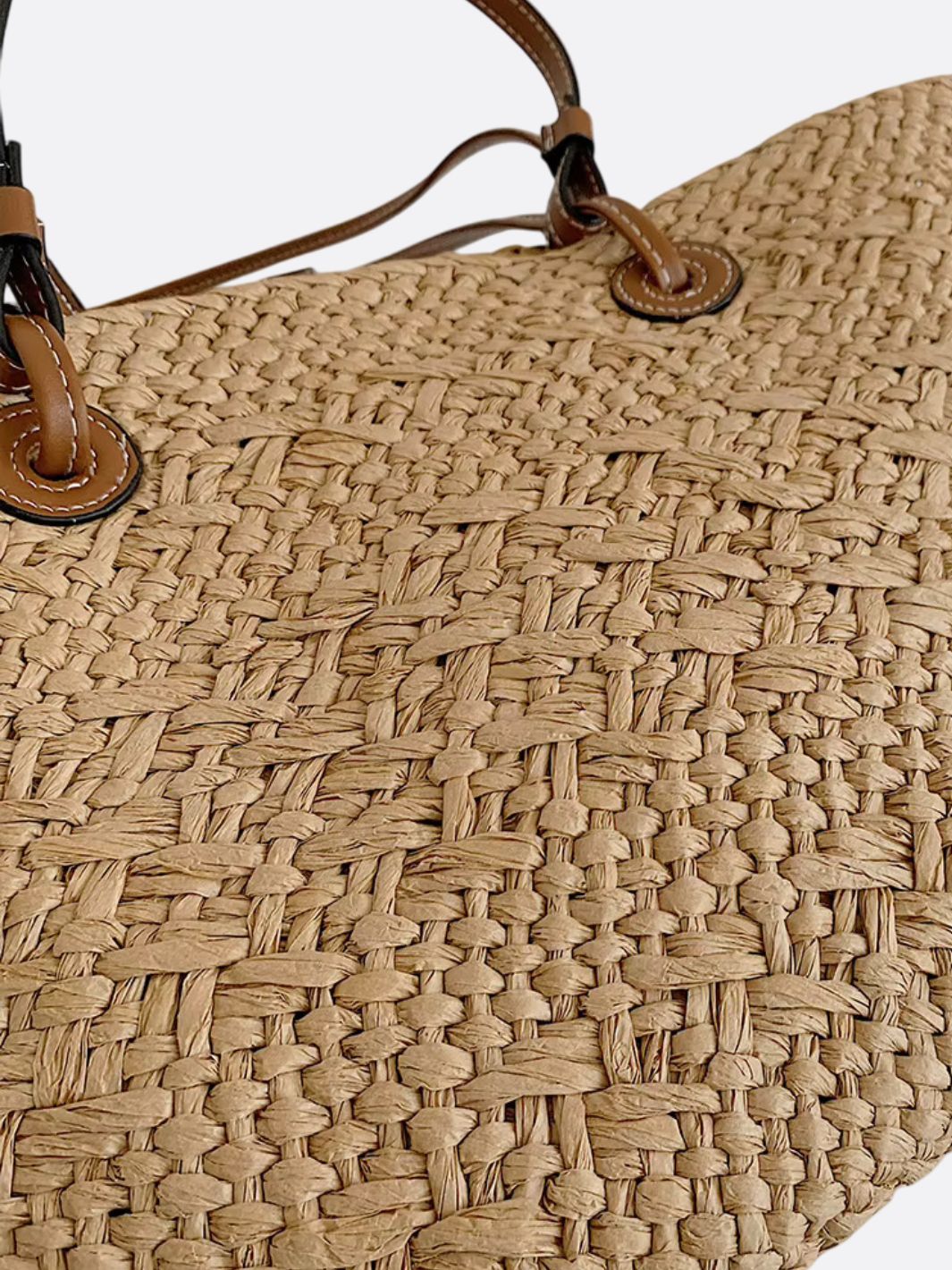 Woven Straw Tote Bag with Brown Leather Handles