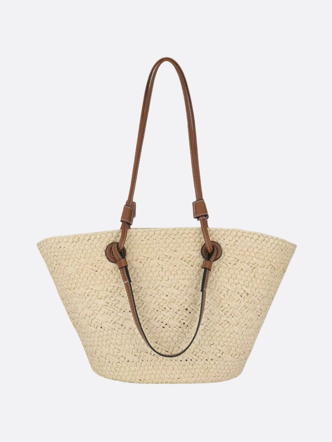 Woven Straw Tote Bag with Brown Leather Handles
