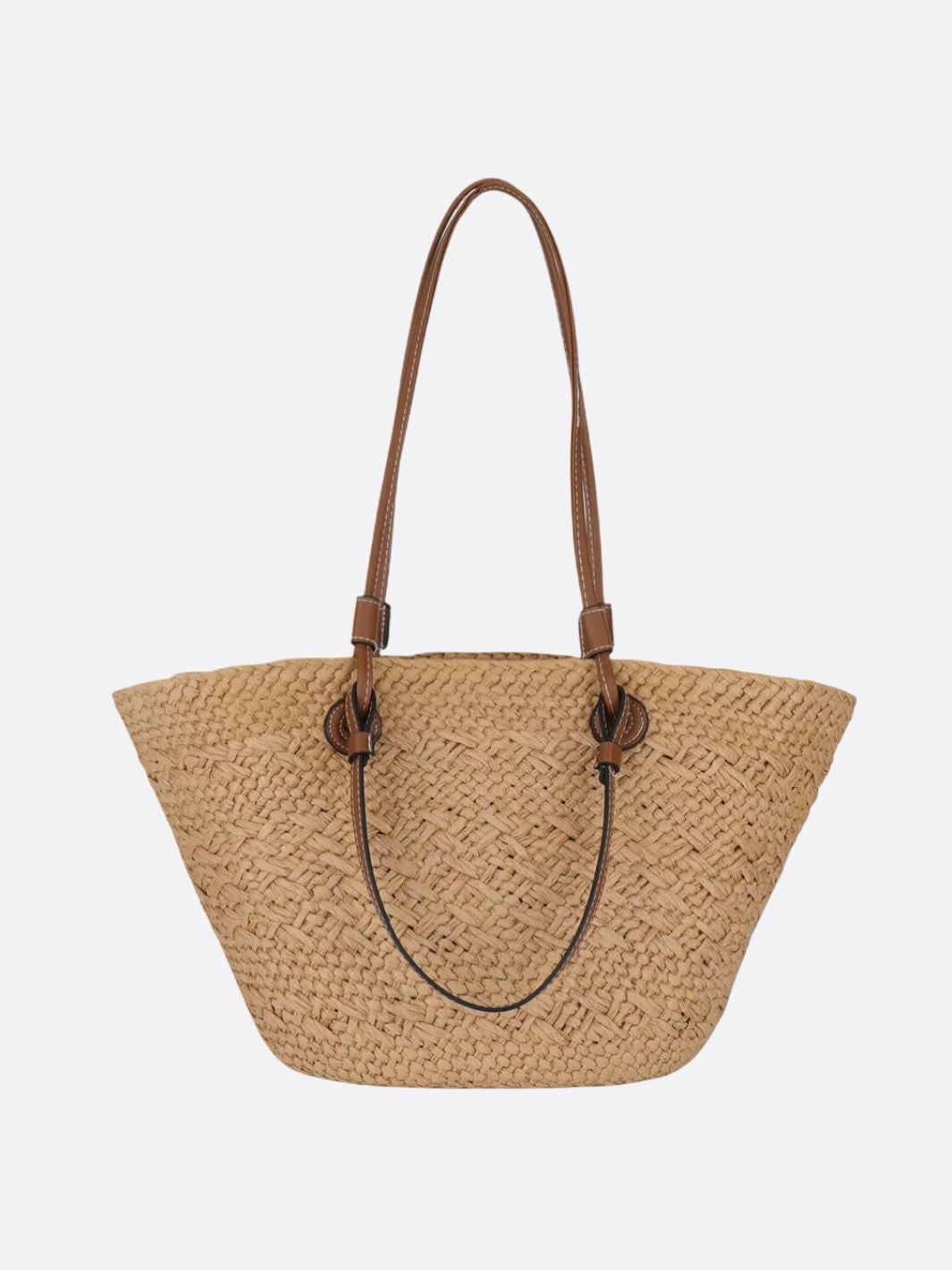 Woven Straw Tote Bag with Brown Leather Handles