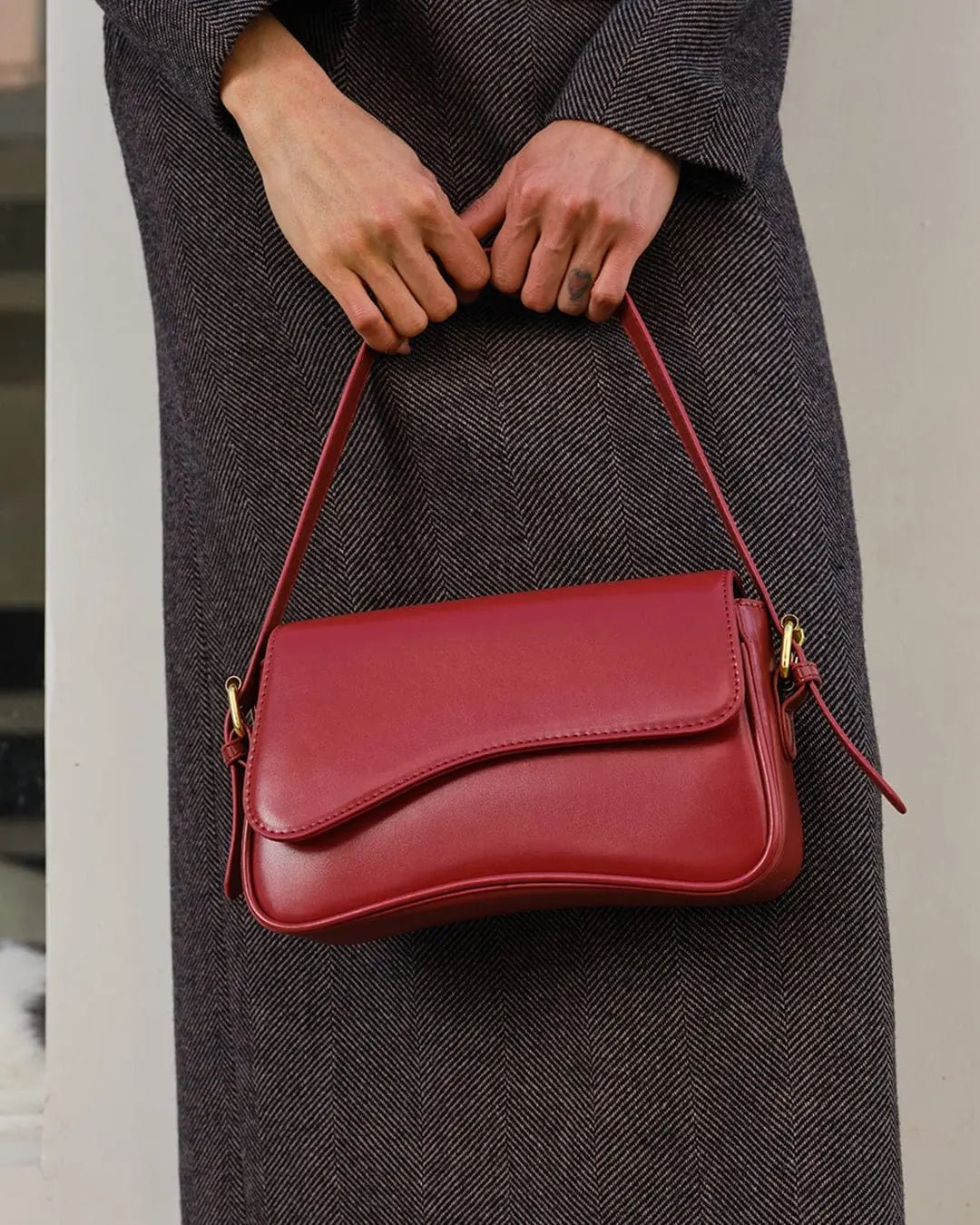 Red Asymmetric Flap Shoulder Bag
