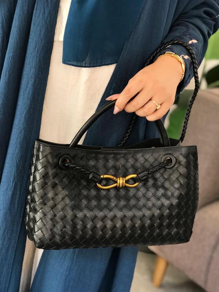 Élise Black Woven Tote with Gold Rope Closure