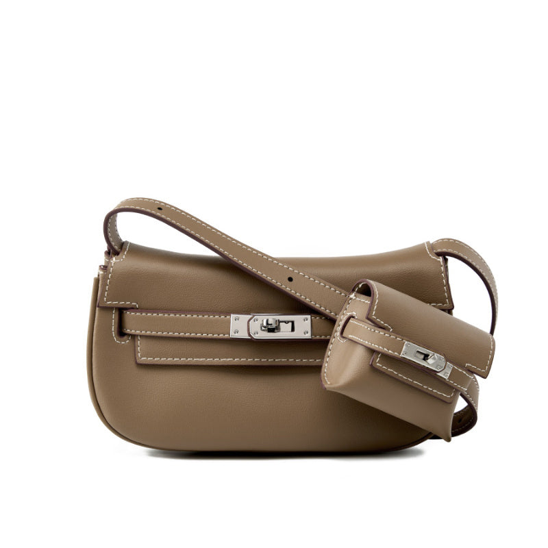 Taupe Soft Leather Shoulder Bag with Mini Pouch