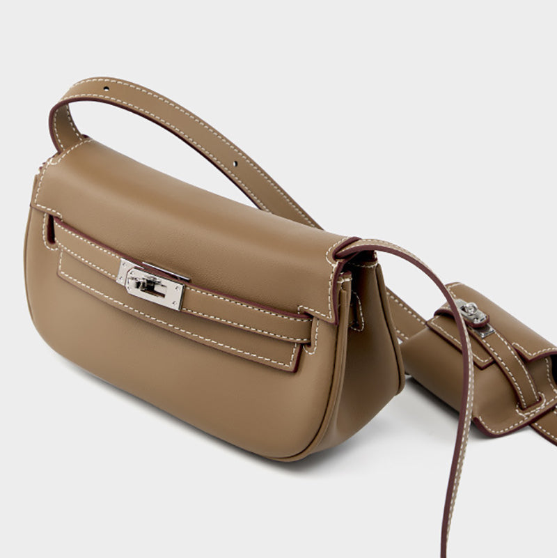 Taupe Soft Leather Shoulder Bag with Mini Pouch