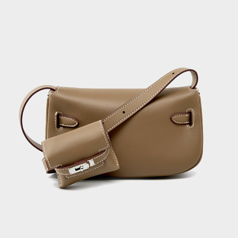 Taupe Soft Leather Shoulder Bag with Mini Pouch