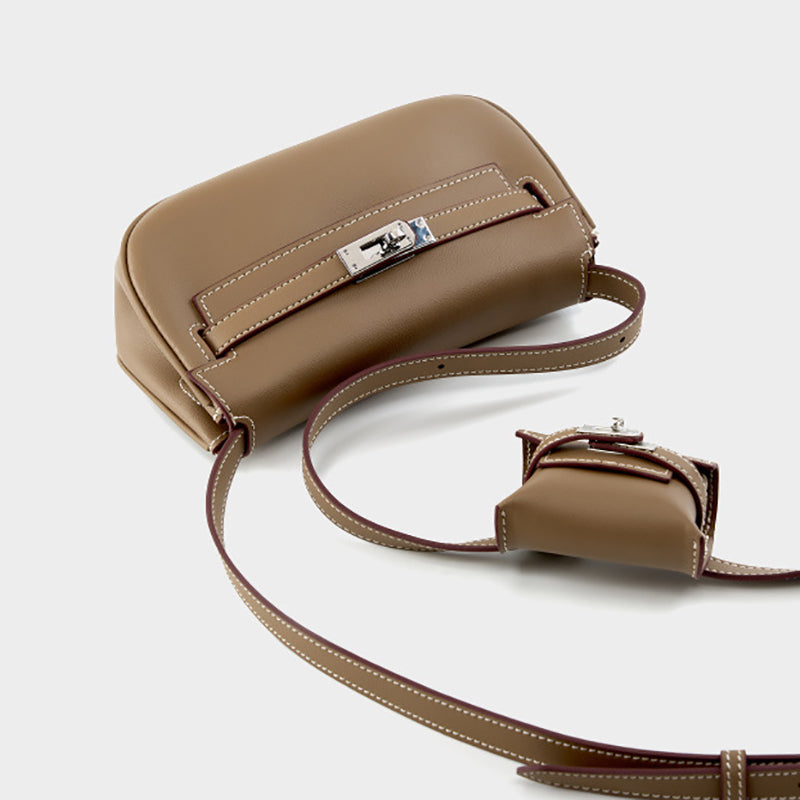 Taupe Soft Leather Shoulder Bag with Mini Pouch