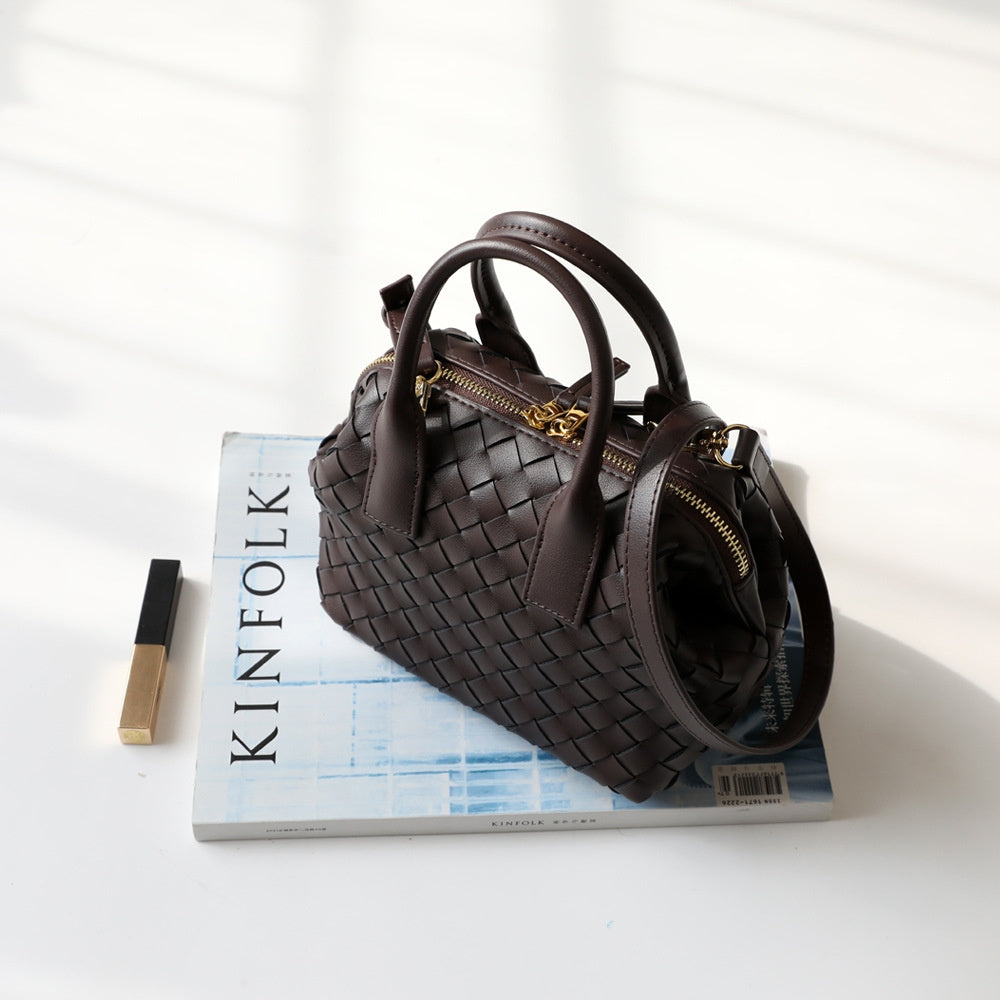 Brown Woven Leather Boston Handbag