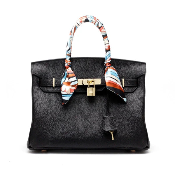 Aurora – Black Structured Leather Satchel with Gold Hardware