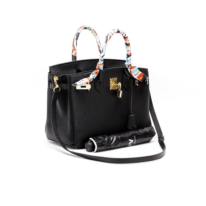 Sofia Black Leather Tote with Scarf Detail