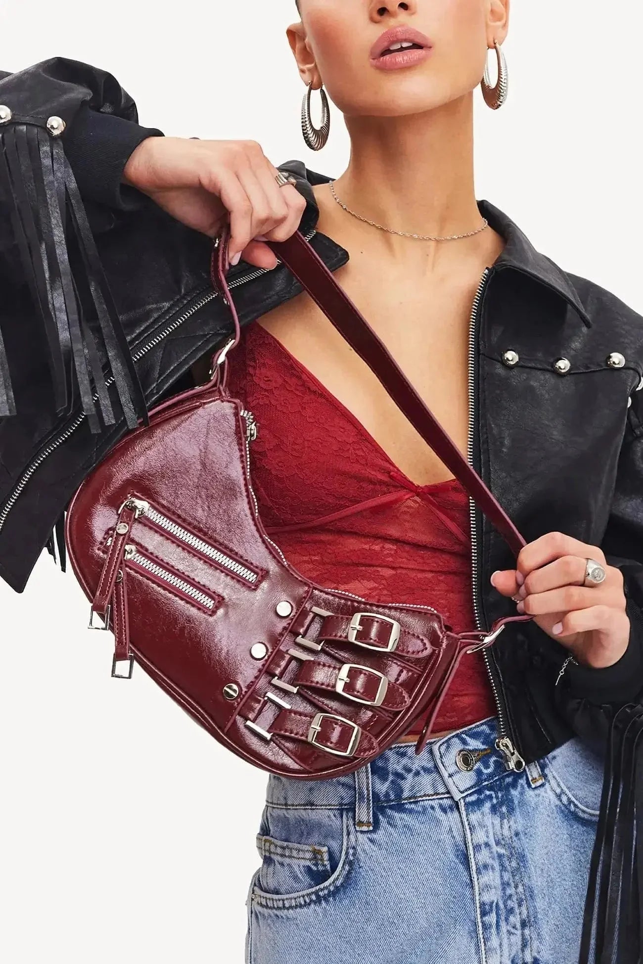 Madelon Luxury Red Leather Shoulder Bag with Metal Details