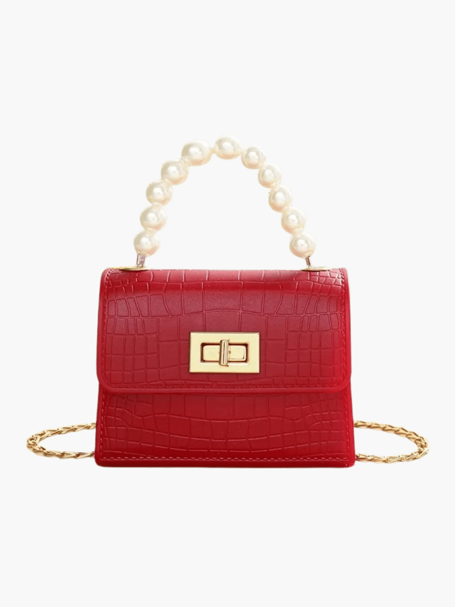 Pearl Mini Croc-Embossed Handbag with Elegant Pearl Handle