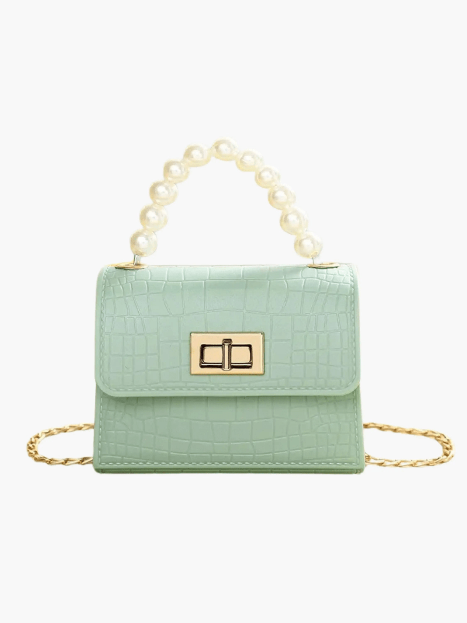Pearl Mini Croc-Embossed Handbag with Elegant Pearl Handle