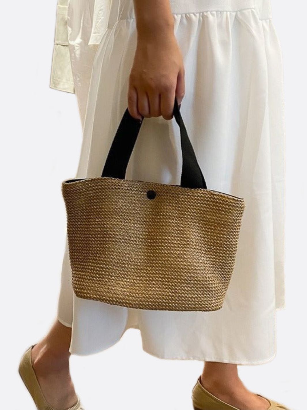 Mini Natural Straw Handbag with Black Handles