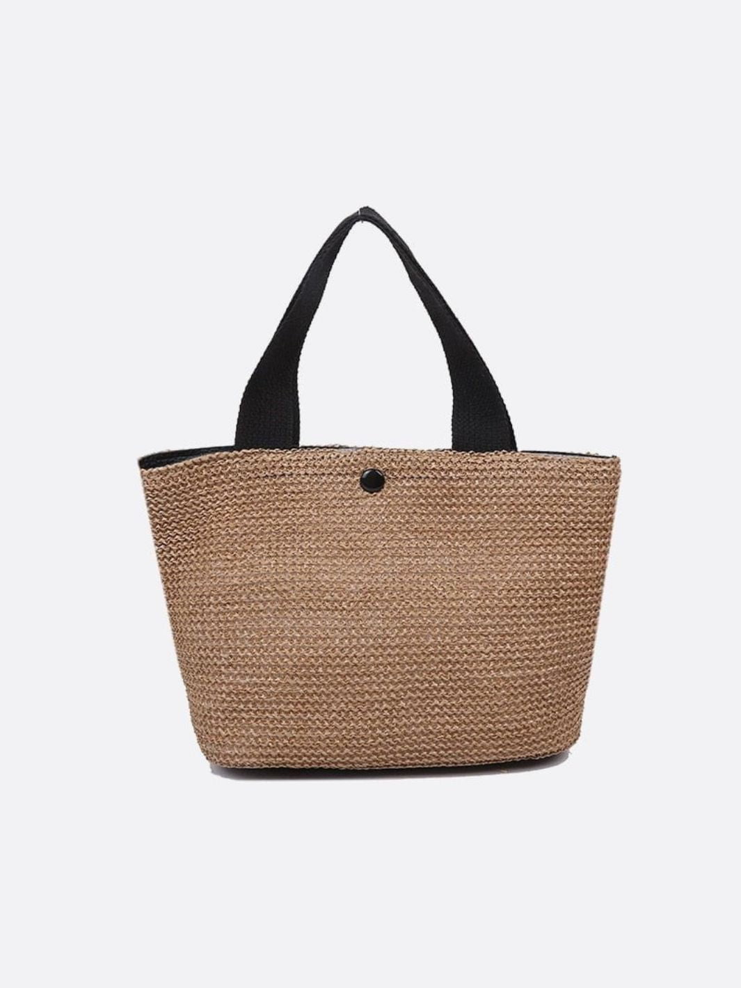 Mini Natural Straw Handbag with Black Handles