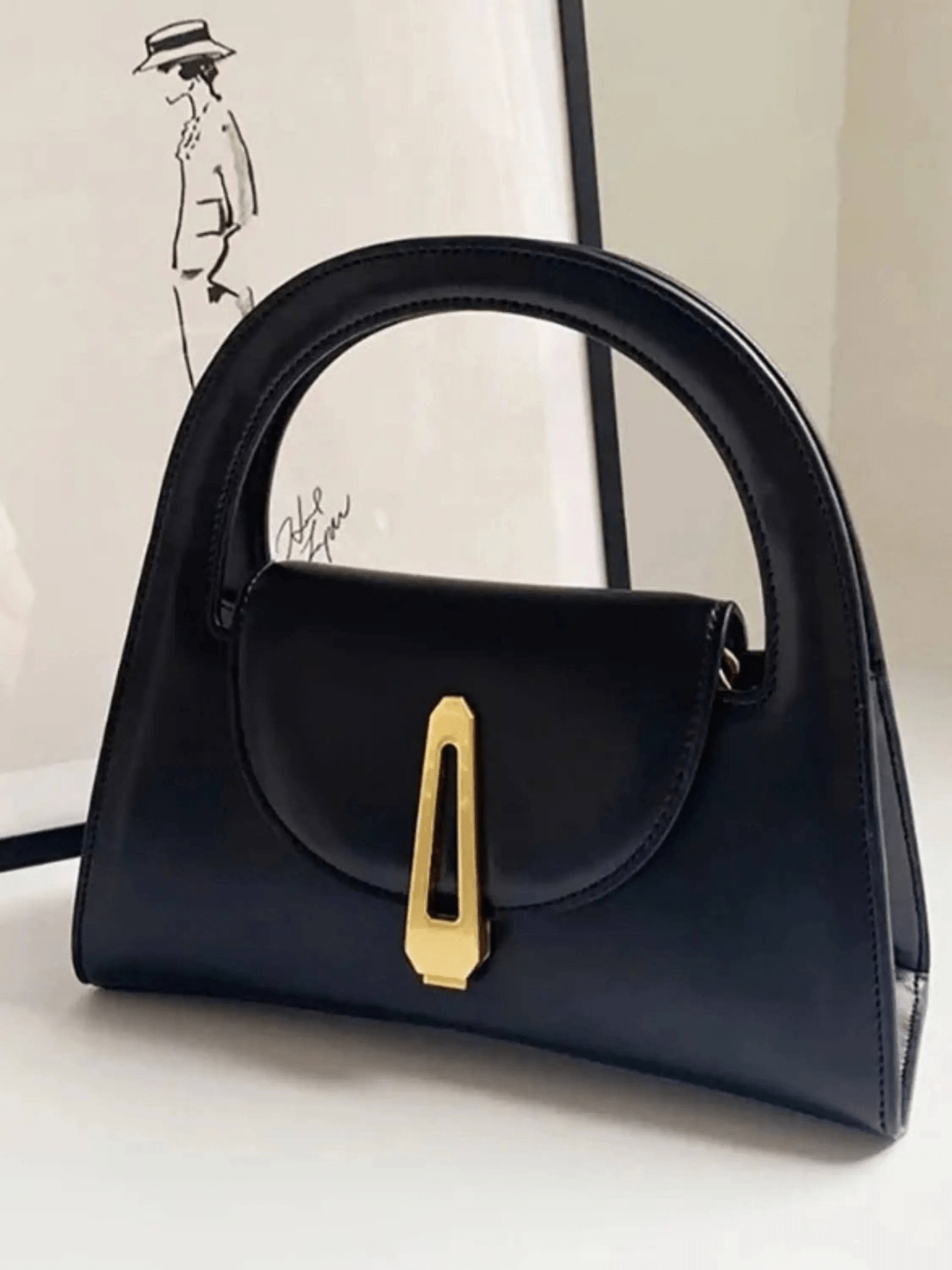 Black Structured Mini Handbag with Gold Accent
