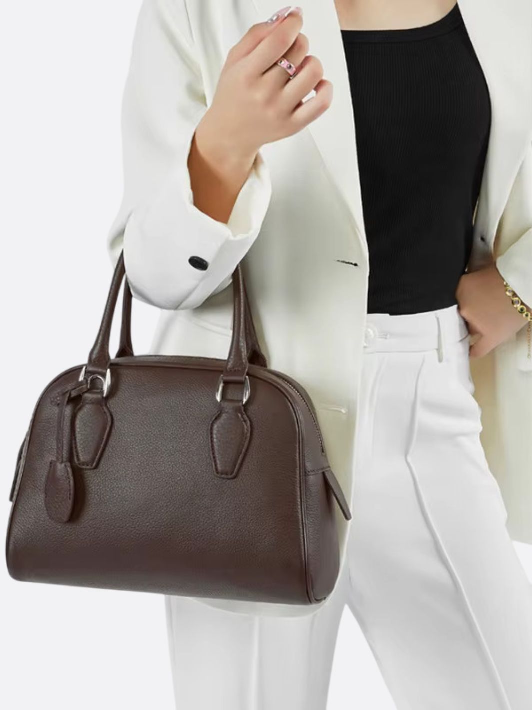 Elena – Classic Taupe Leather Bowling Bag