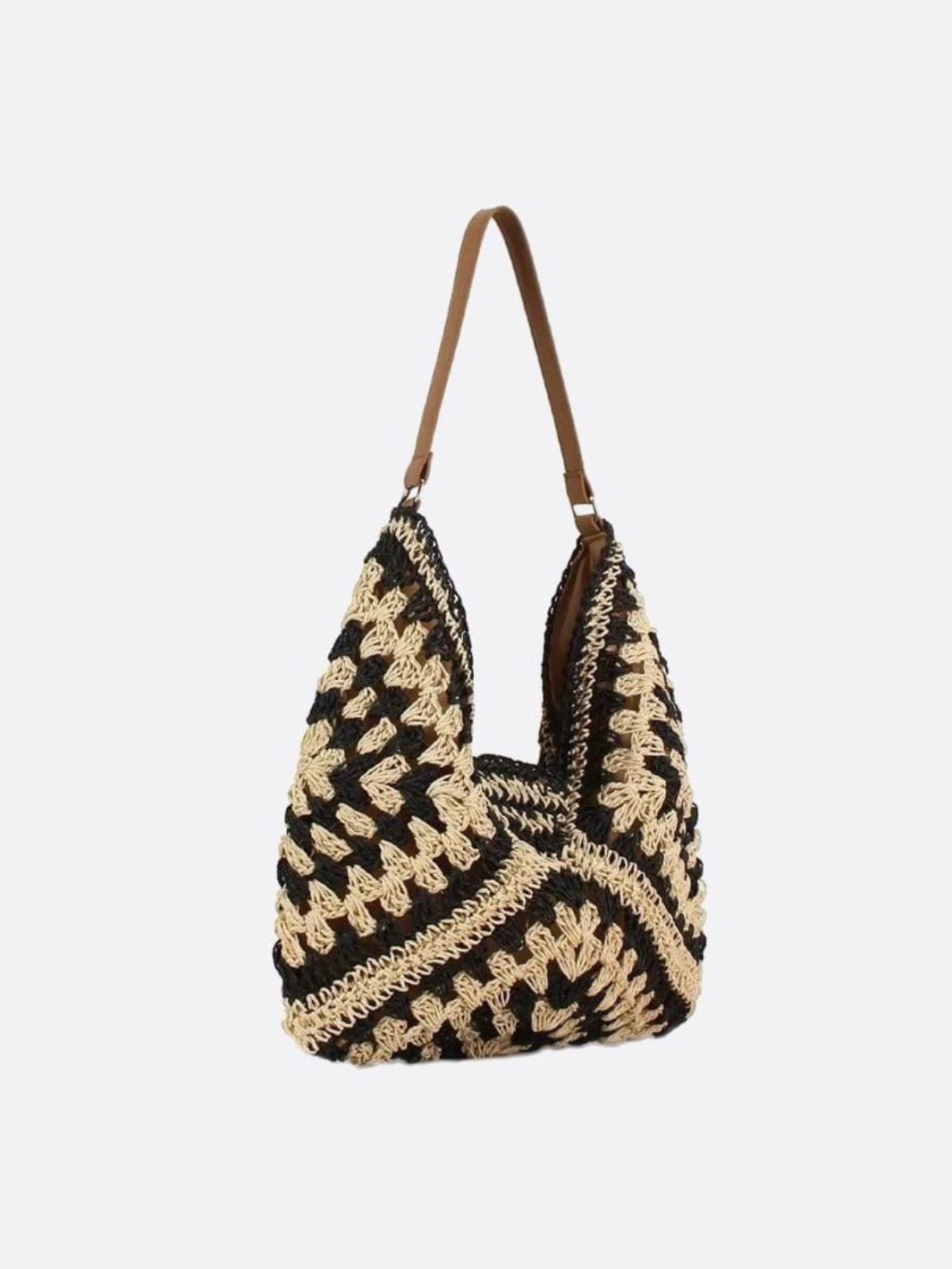 Noir Crochet Straw Shoulder Bag