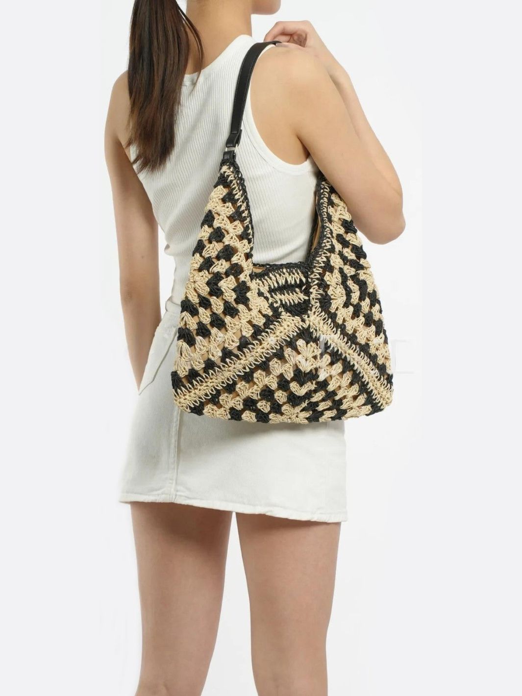 Noir Crochet Straw Shoulder Bag