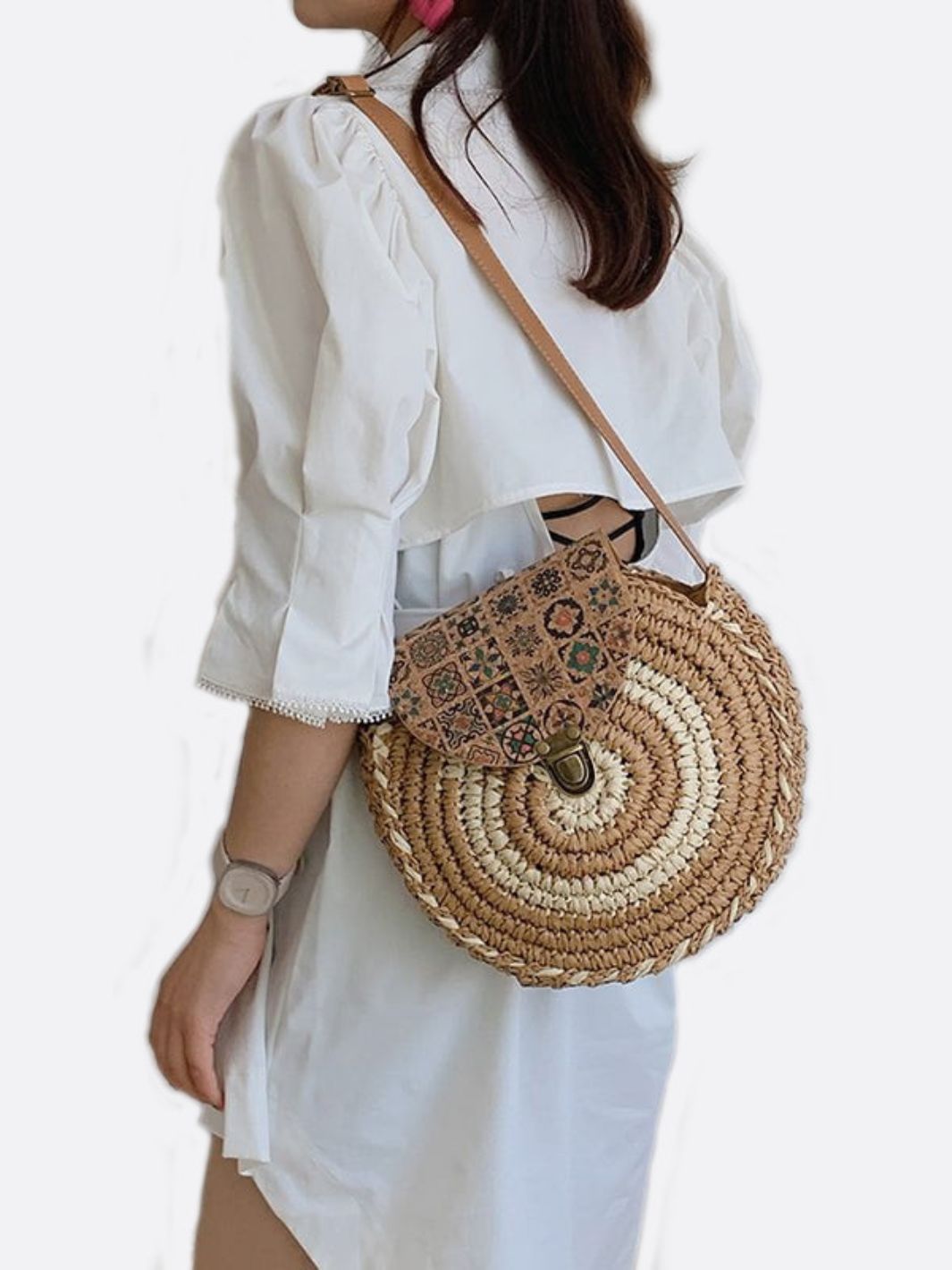 Round Straw Crossbody Bag with Boho Flap