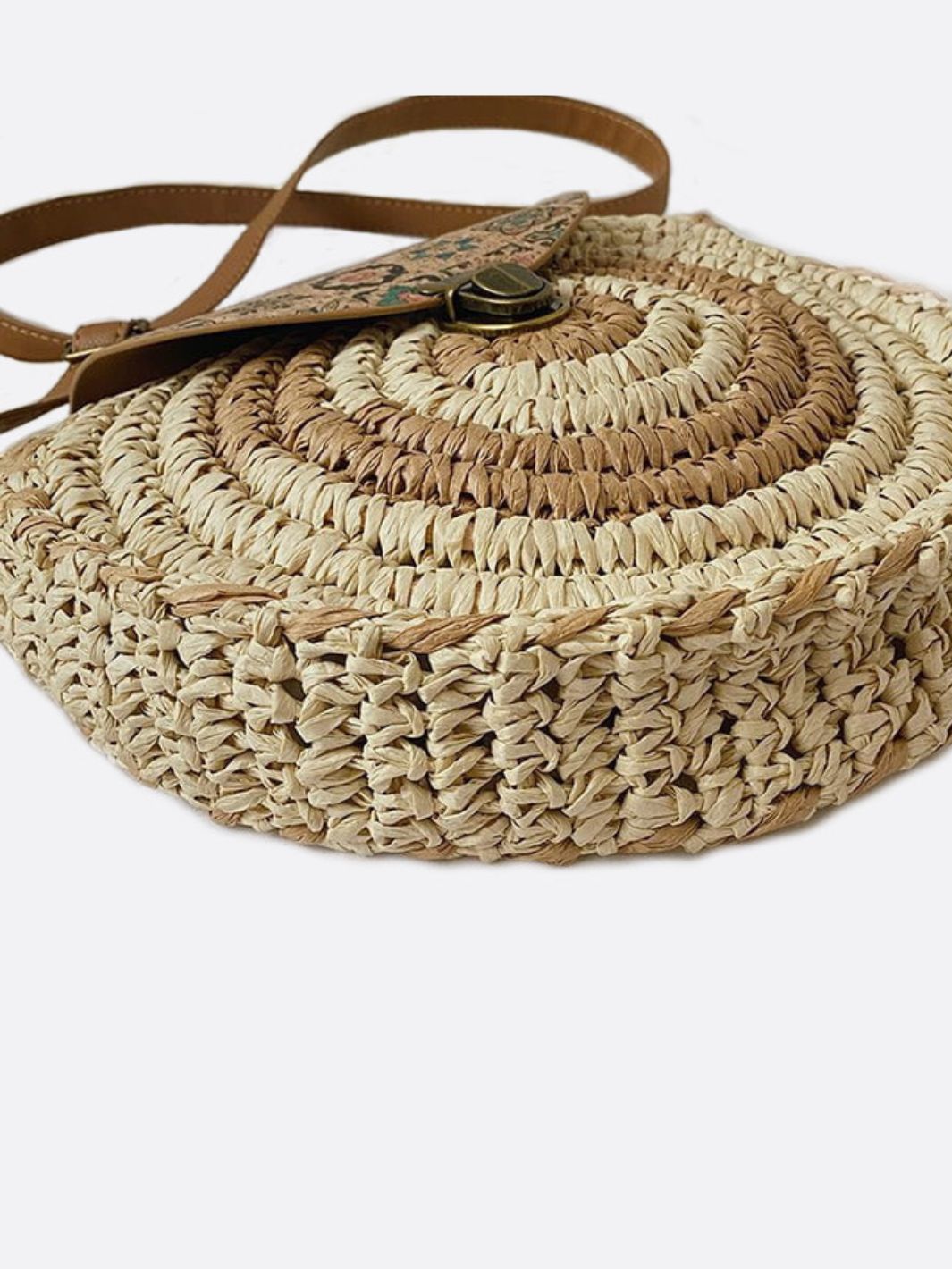Round Straw Crossbody Bag with Boho Flap