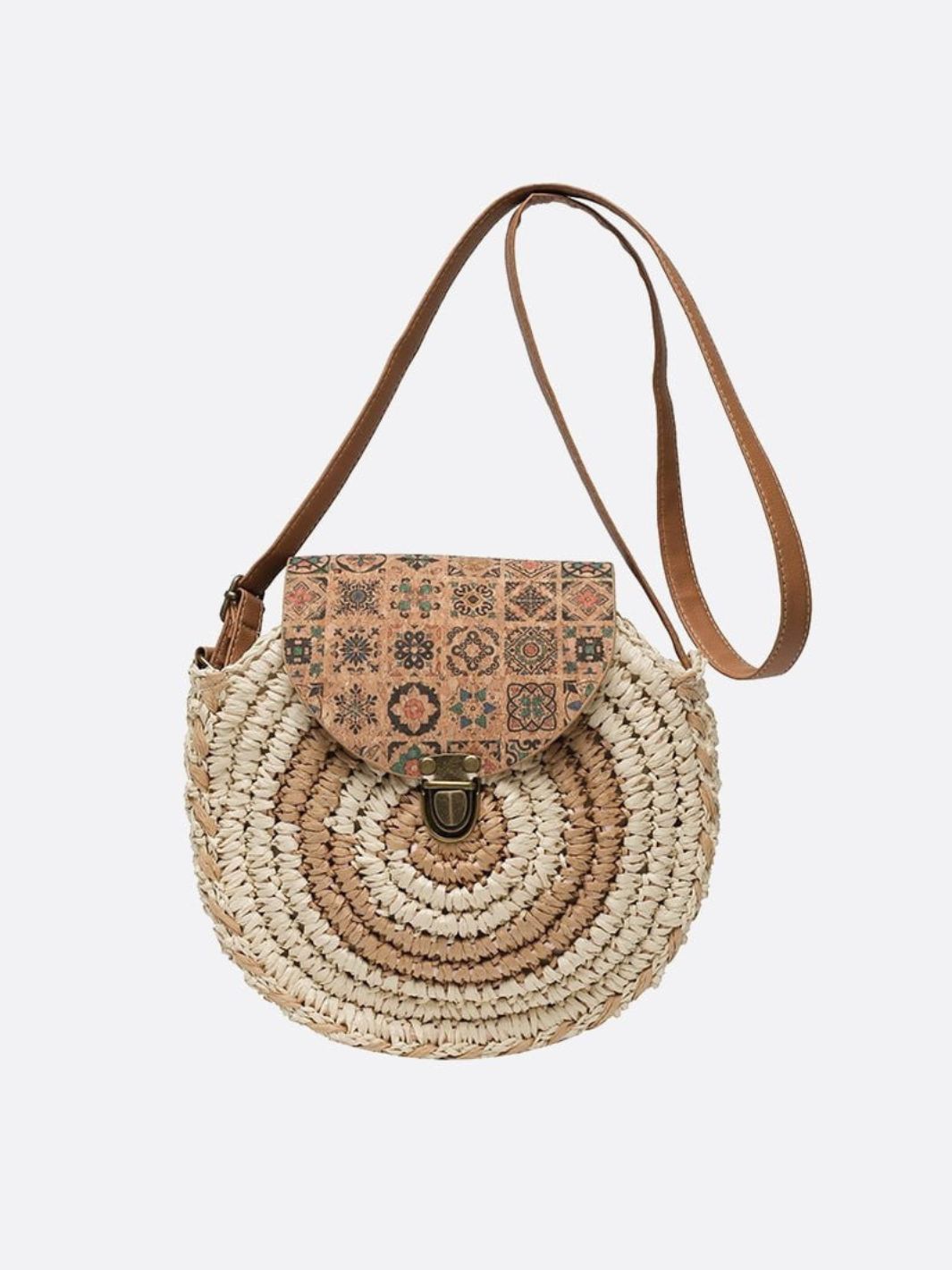 Round Straw Crossbody Bag with Boho Flap
