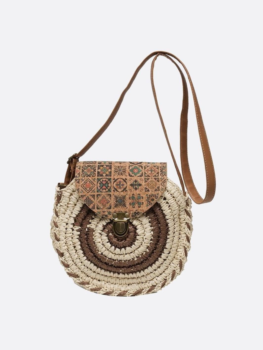 Round Straw Crossbody Bag with Boho Flap