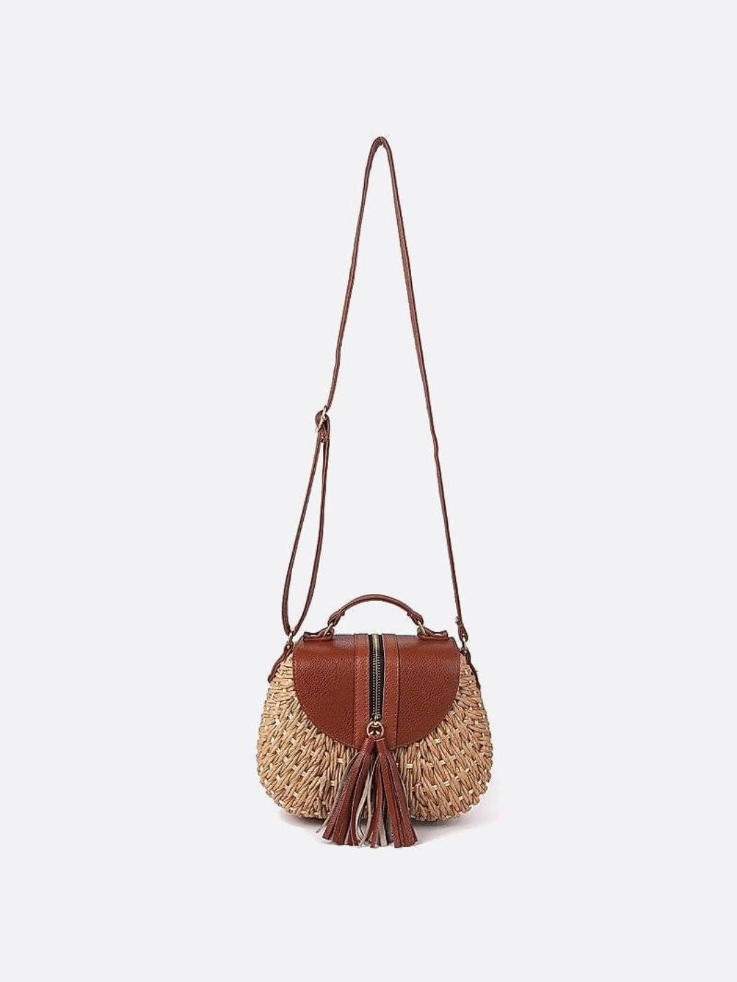 Straw Crossbody Bag with Leather Flap and Tassel Detail
