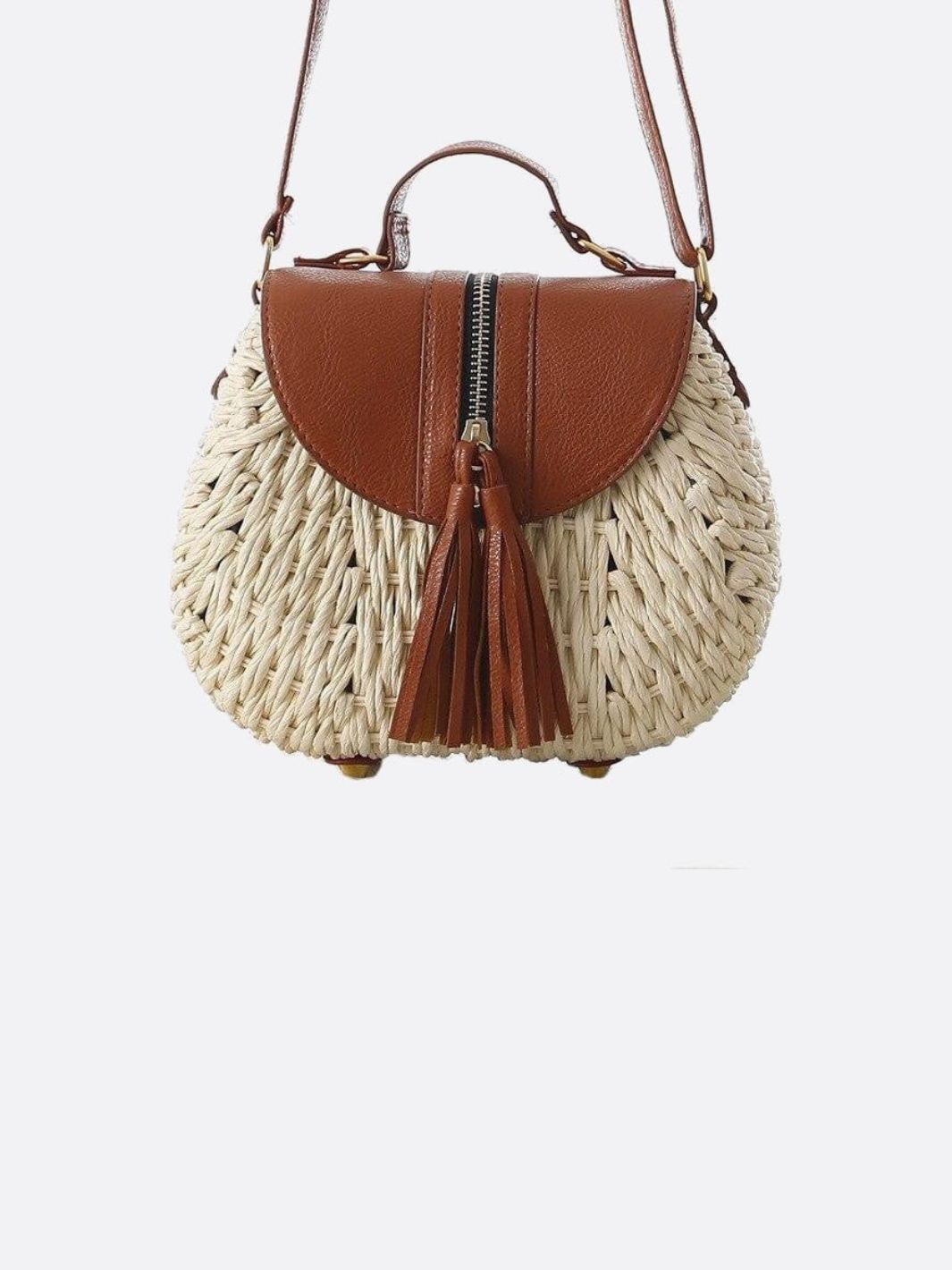 Straw Crossbody Bag with Leather Flap and Tassel Detail